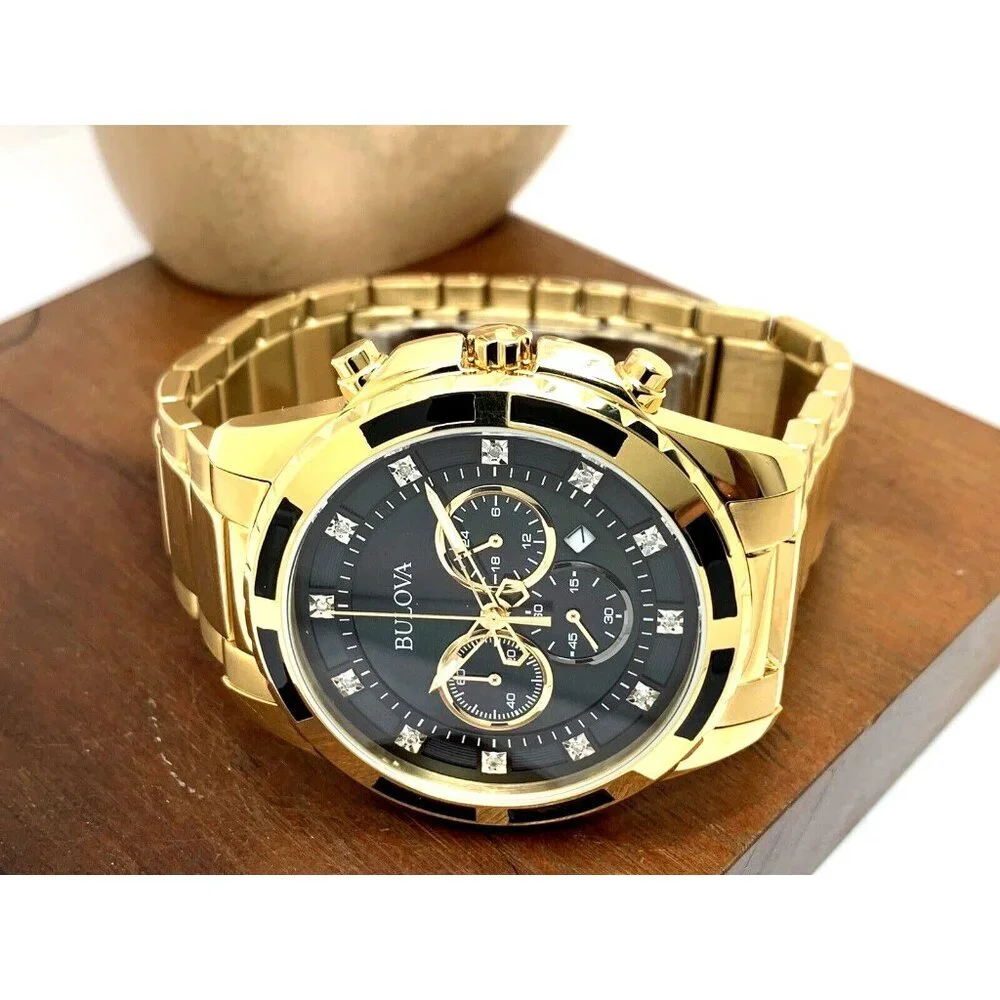 Bulova Men's Watch 97D121 Chronograph Gold Tone Stainless Steel Diamond Dial